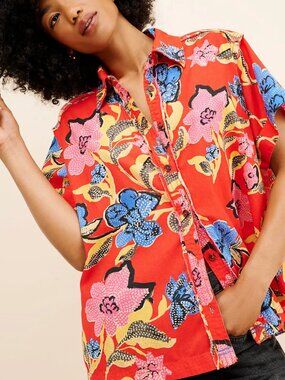 S Free People We The Free Tropics Palm Linen Top Red